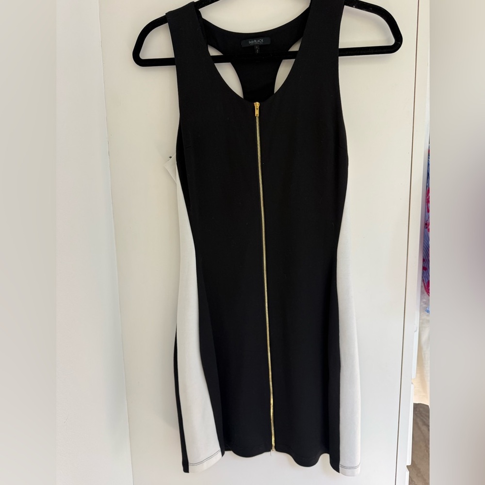 BOBI Black & White Zip-Front Bodycon Dress - Picture 2 of 5